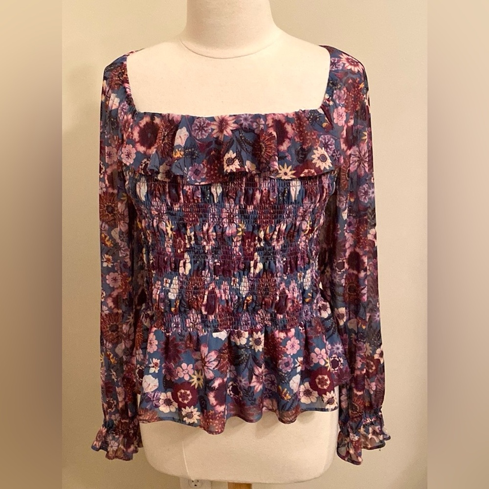 LC Lauren Conrad Women’s Plus Purple Pink Floral OX Cottagecore Boho Smocked Top